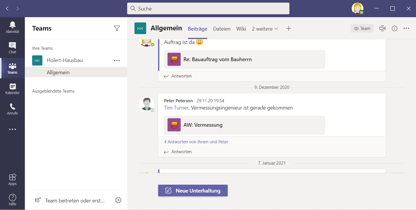 Microsoft Teams Unterhaltung/Diskussion mit Beitrag zu Microsoft Project Aufgabe/Arbeitspaket/Vorgang/Task