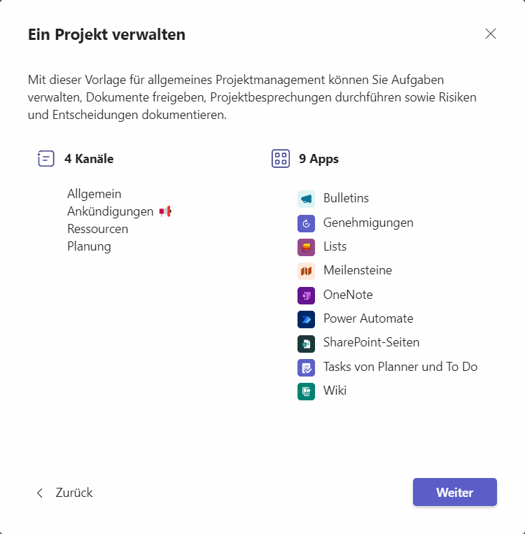 Microsoft Team Vorlage Projekt verwalten Projektmanagement Kanäle  Apps