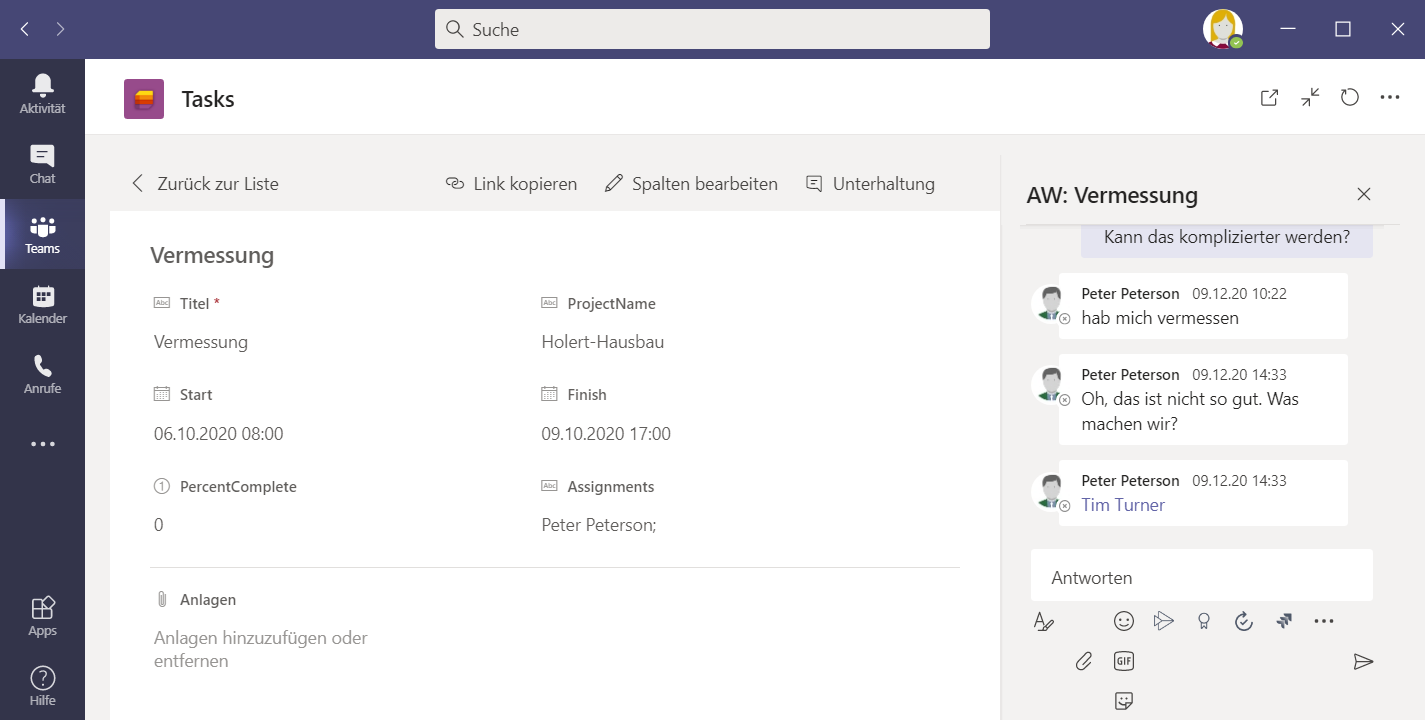 Unterhaltung/Diskussion zu Microsoft Project Aufgabe/Tasks/Vorgang in Microsoft Teams/Microsoft Lists