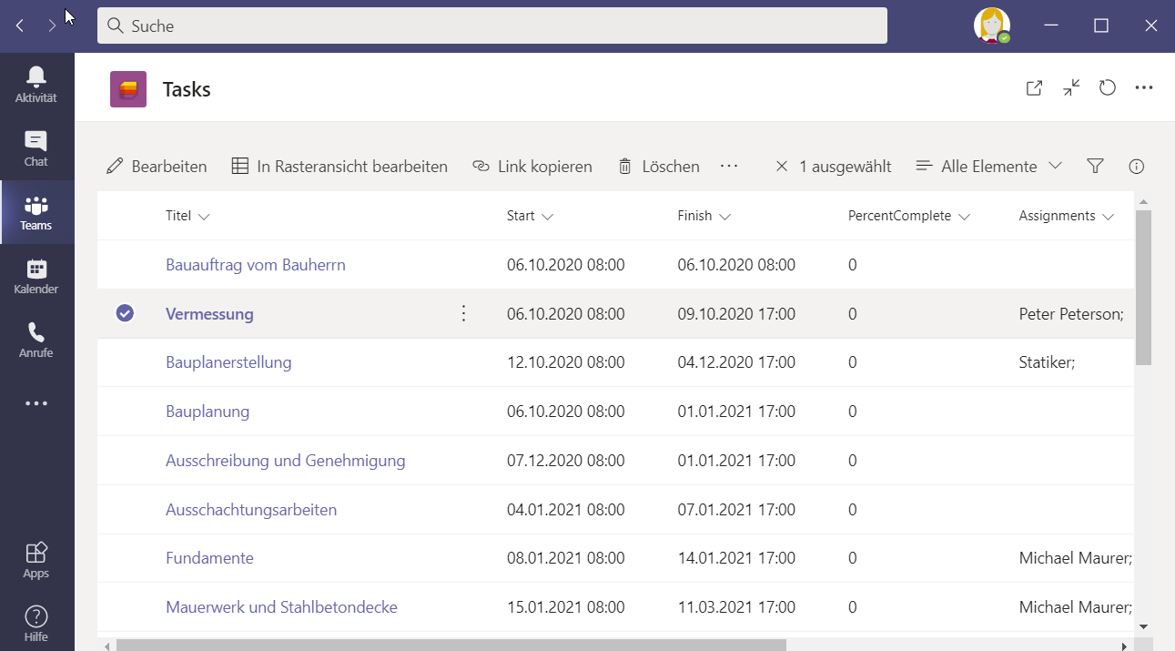 Microsoft Project Aufgaben/Vorgänge in Microsoft Teams als Task anzeigen